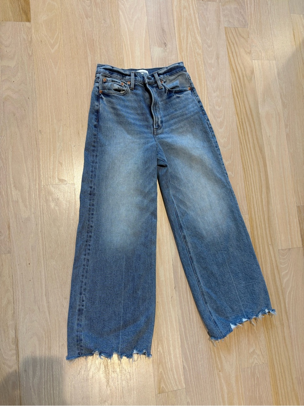 pistola Faded Blue Wide-Leg Cropped Jeans with Frayed Hem